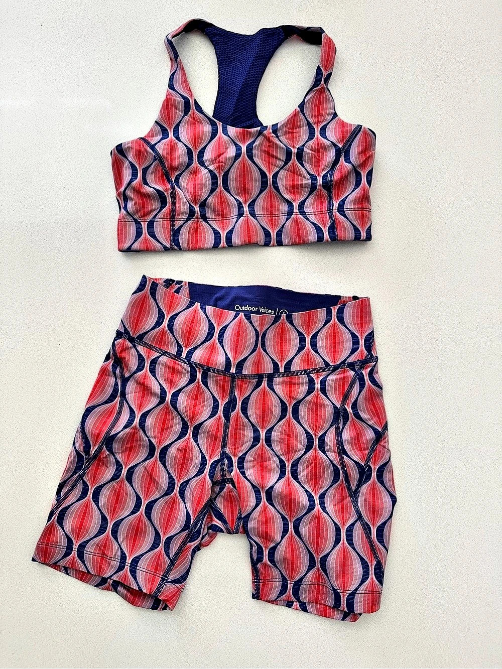 Outdoor Voices Geometric Bike Shorts Set in Blue & Pink